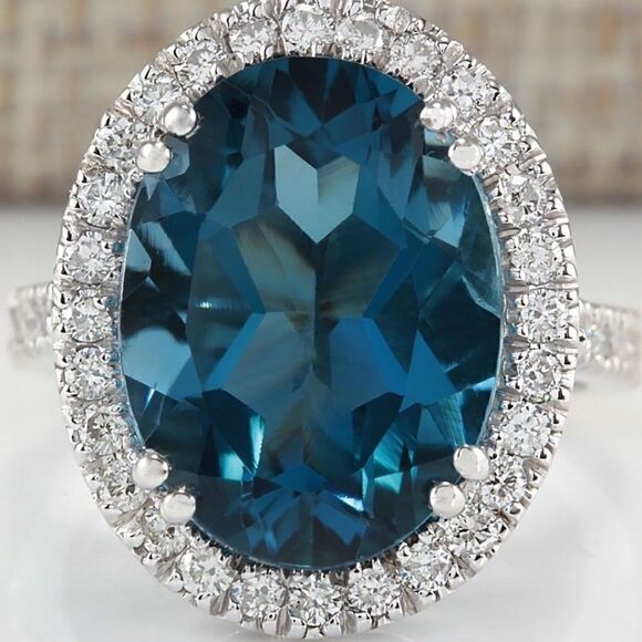 ⭐️Huge ⭐️ Dark Blue Oval Topaz RING W/ CZ White Surrounding Main Gemstone bling - Picture 3 of 13